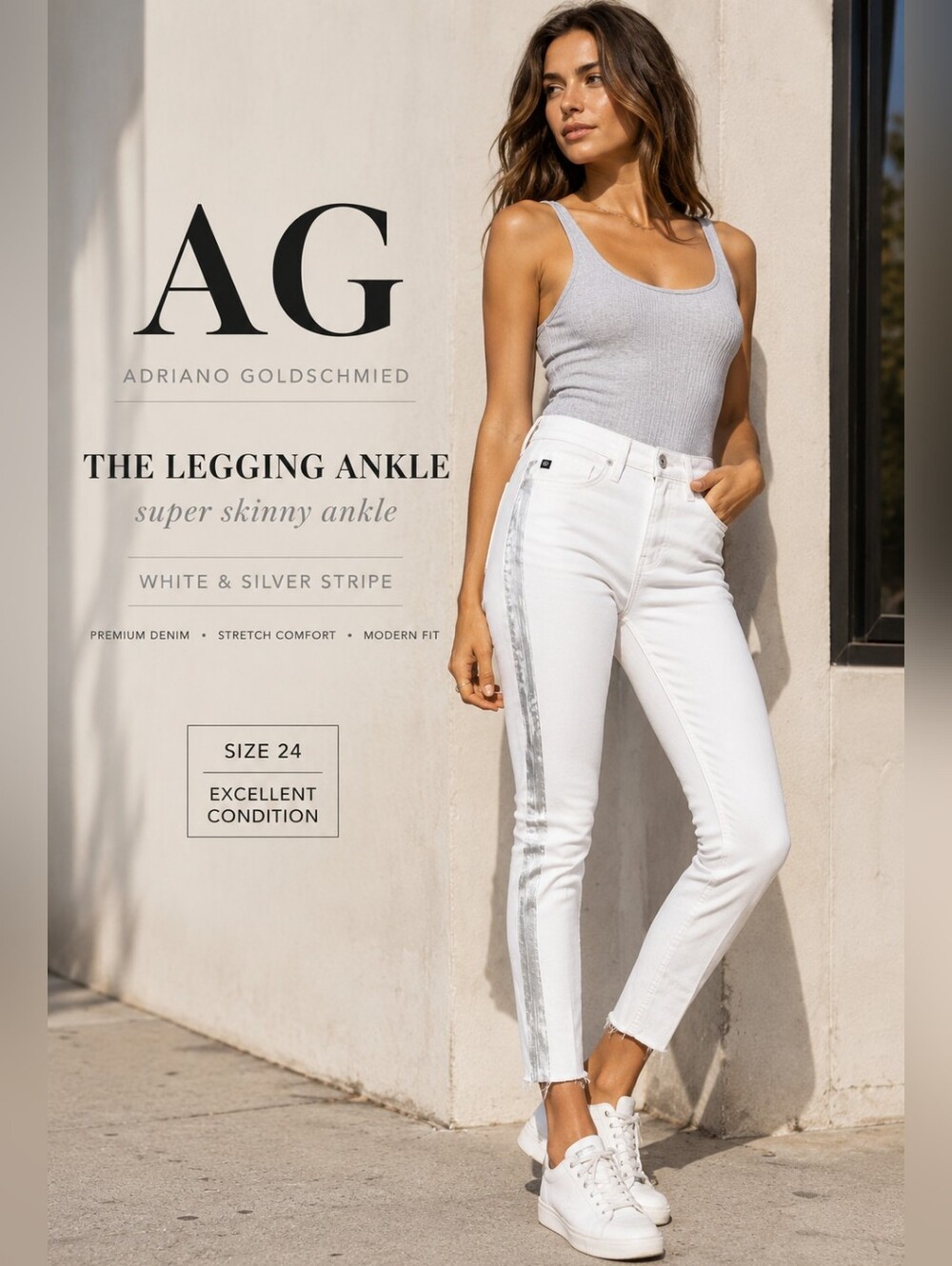 AG Adriano Goldschmied The Legging Ankle White Silver Stripe Skinny Jeans 24